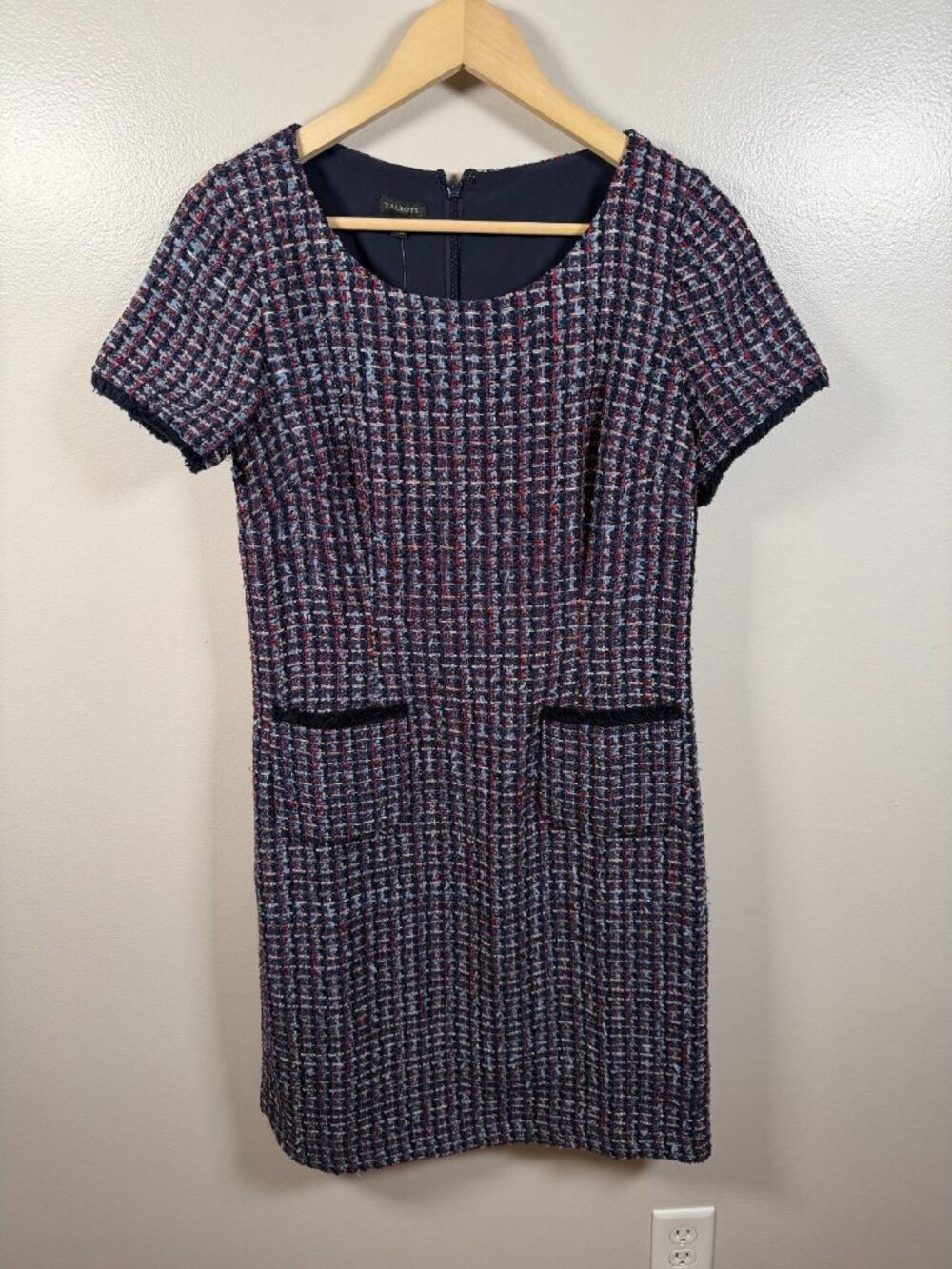 Talbots Tweed Fringe Sheath Dress Size 6 Blue Red Work Office Career Business